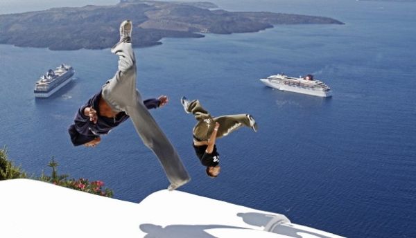 Santorini, görög, parkour, free running, extrém